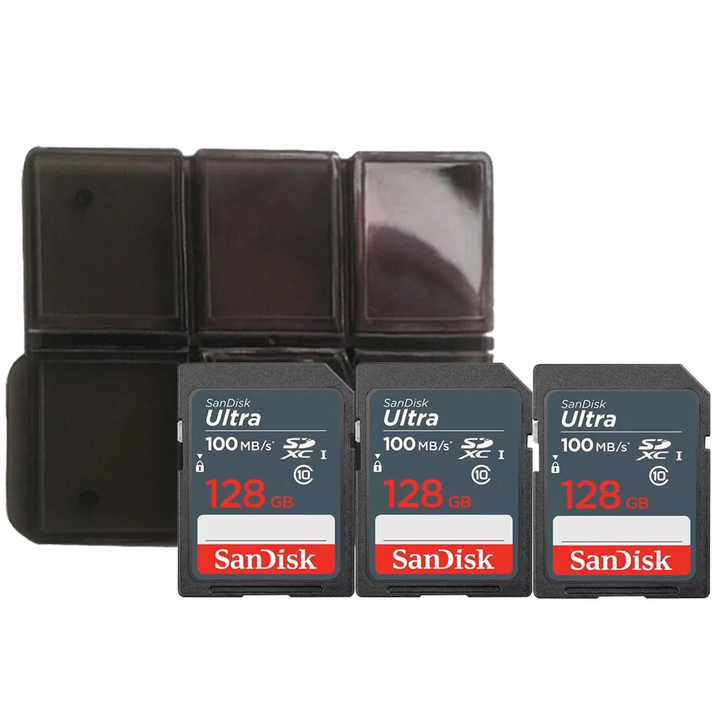 SanDisk SanDisk Ultra 128 GB SDXC UHS-I Memory Card 100 MB/s 3-pack with Holder — product photo
