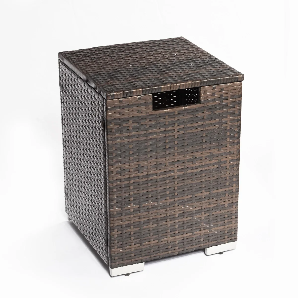Brown wicker rattan cover for a propane gas cylinder