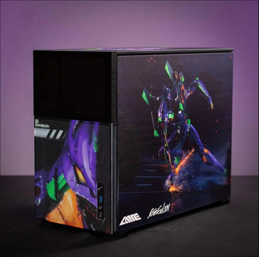 Black steel micro ATX case with tempered glass side panel and front 1280x800 LCD display