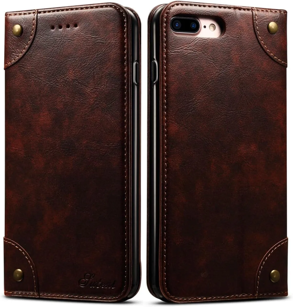 TAURKENAM TAURKENAM Leather Wallet Folio Case for iPhone 7 Plus / 8 Plus Brown — product photo