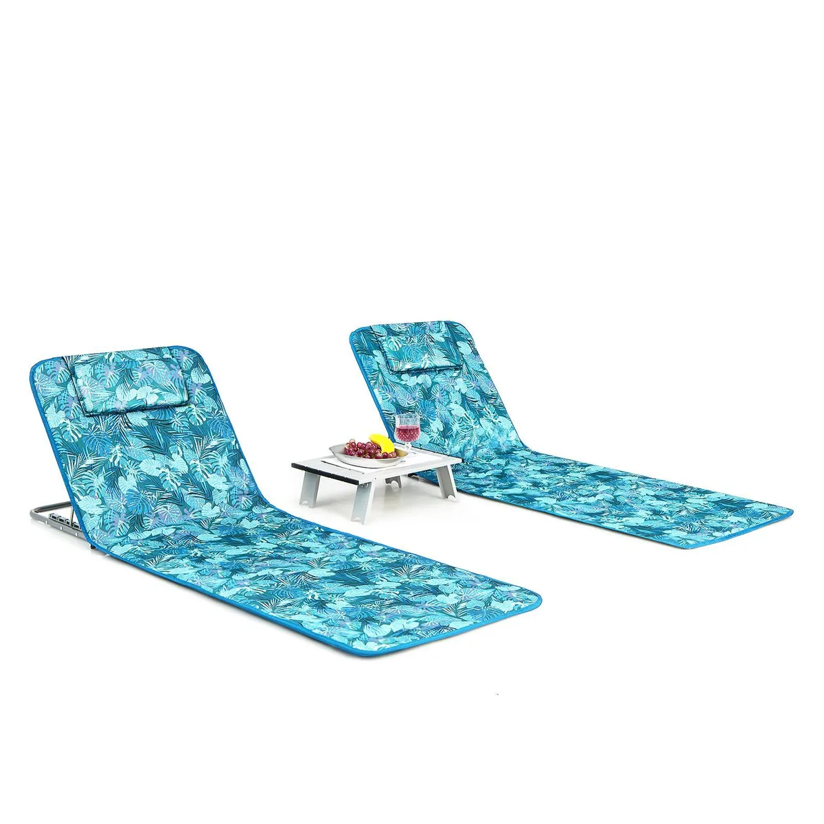 Three folding lounge chairs with green-striped fabric and a small side table