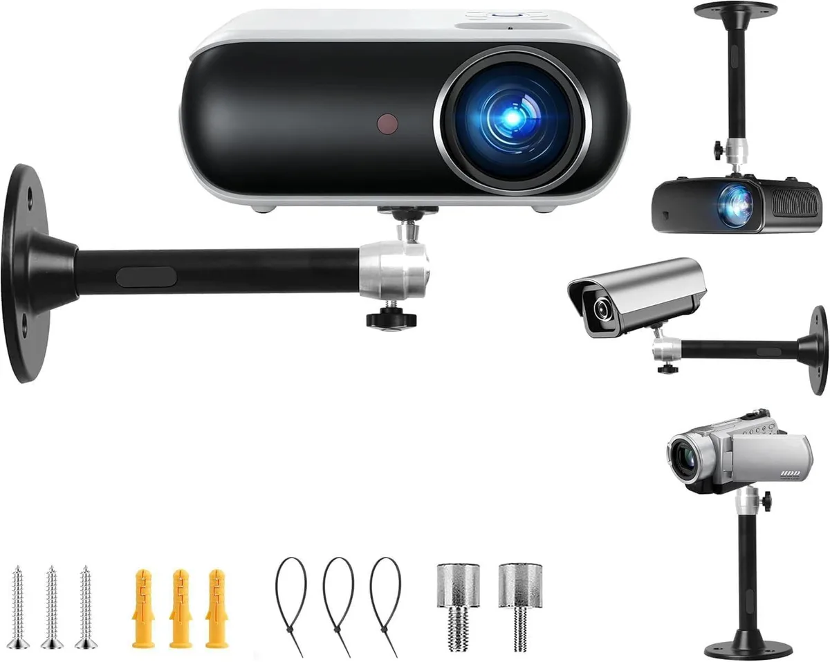 Black aluminium-alloy mini projector ceiling mount, 7 inch arm, 360° swivel, 180° tilt, with 1/4, M4, M6 threads