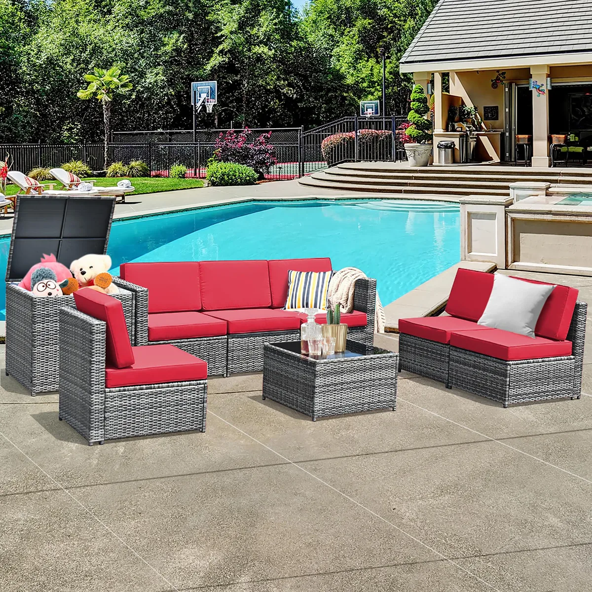 Eight-piece red rattan sofa set with steel frames, tempered glass coffee table, storage box and cushions