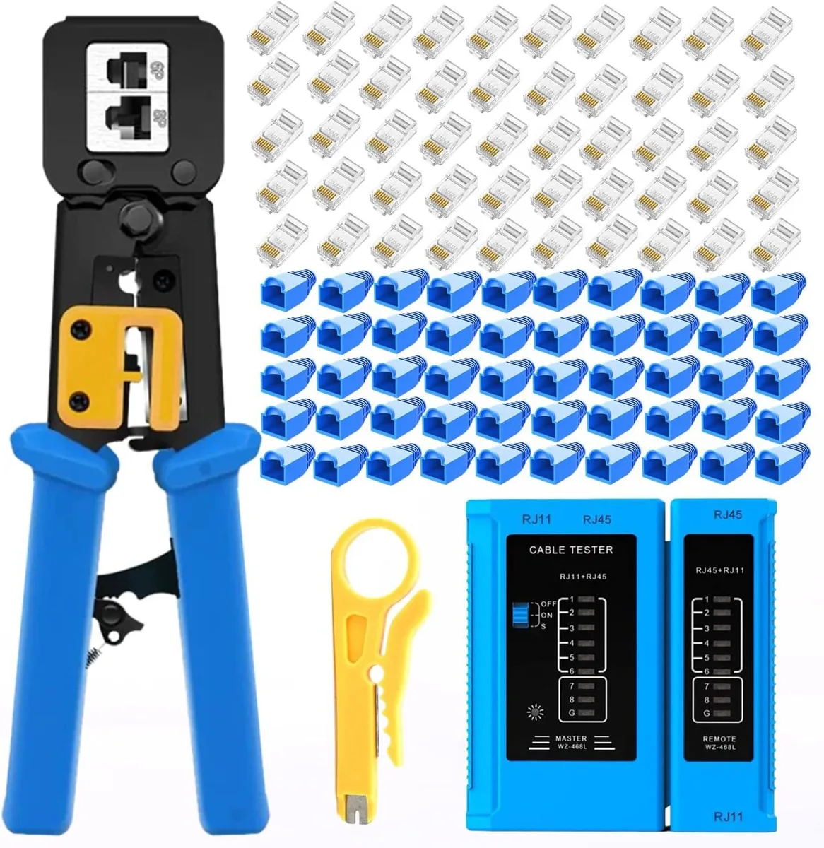 Silver crimping tool with yellow stripper, tester and 50 connectors