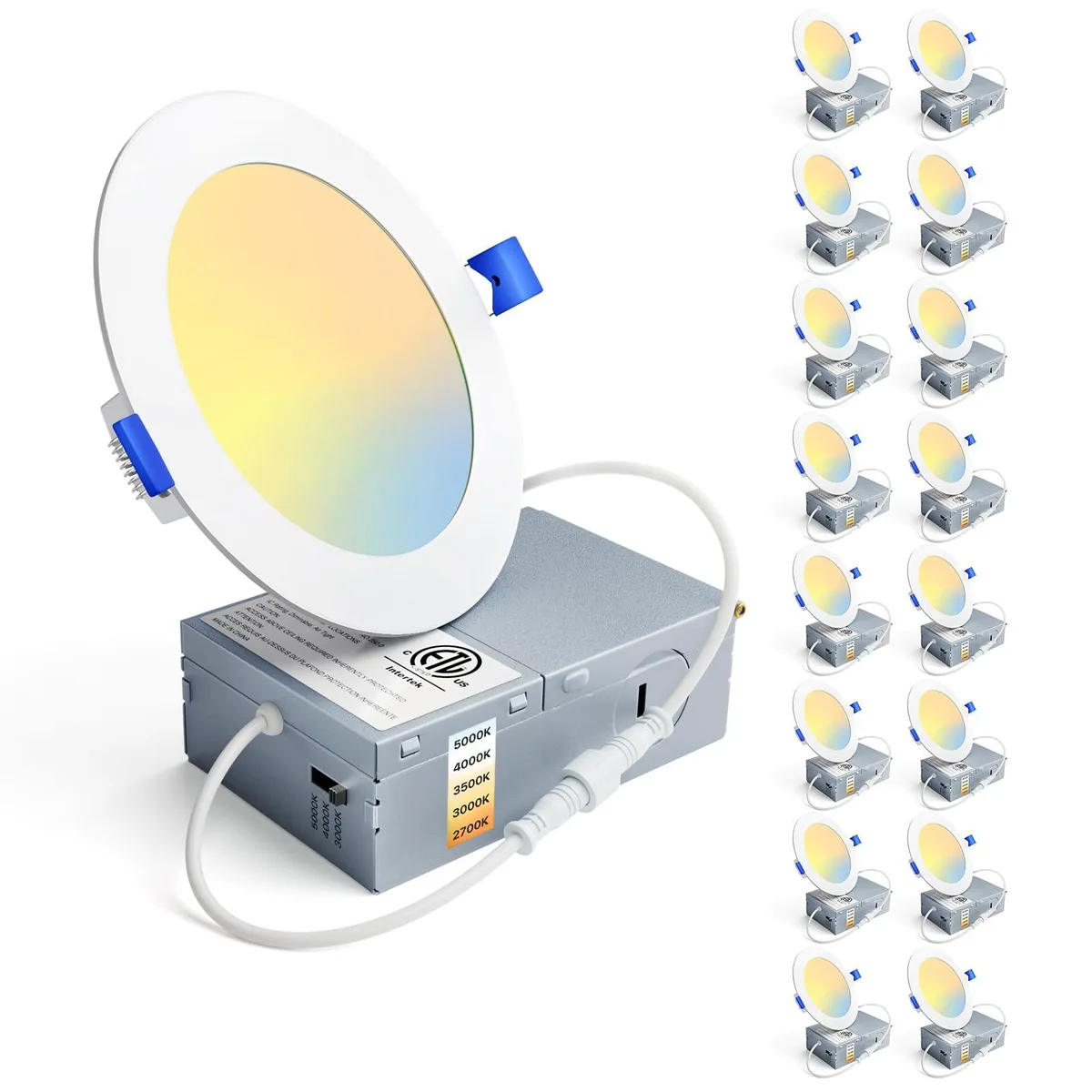 Sixteen white ultra-thin round LED recessed downlights with clear prismatic faces