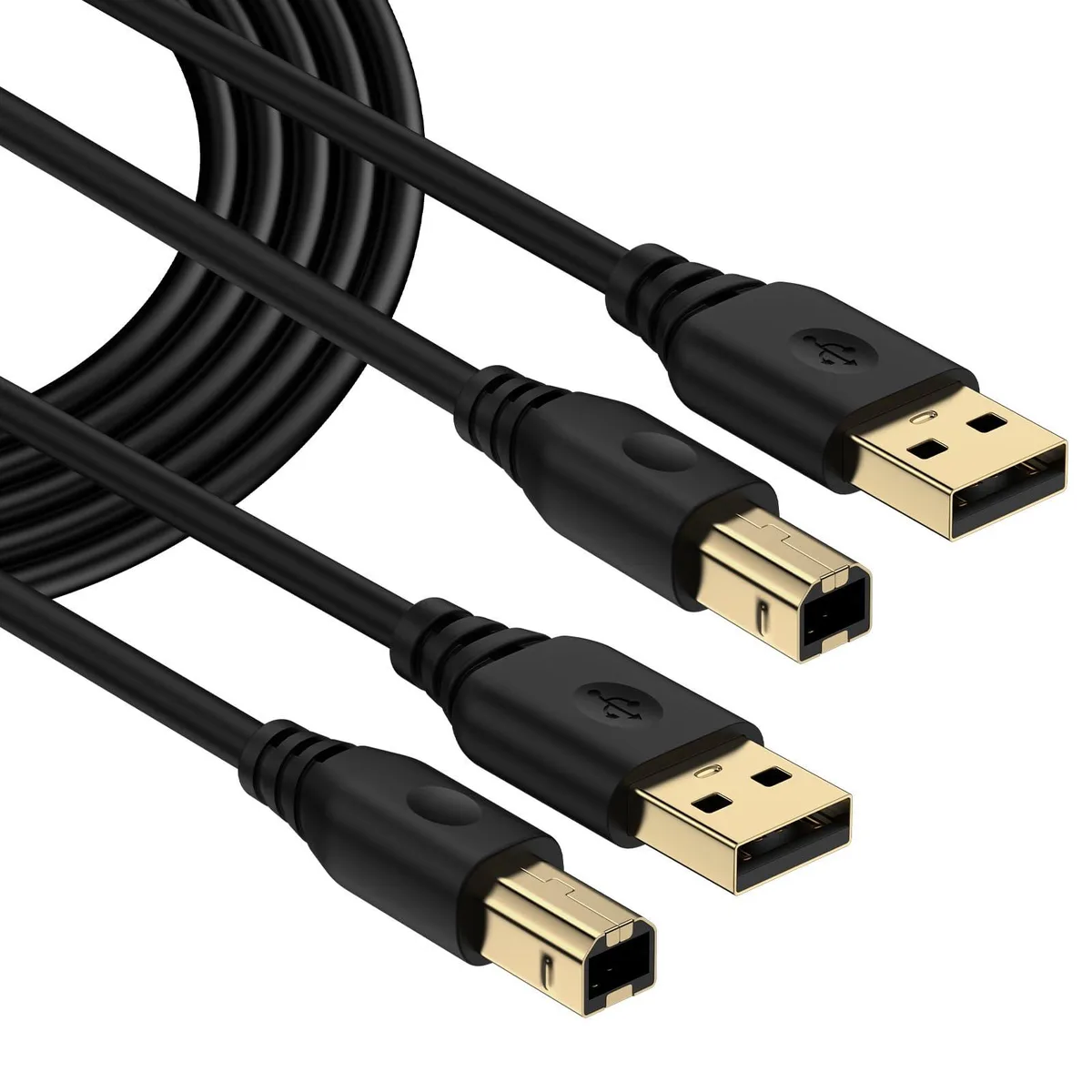 Two black USB A to B printer cables, 10ft each, male-to-male connectors