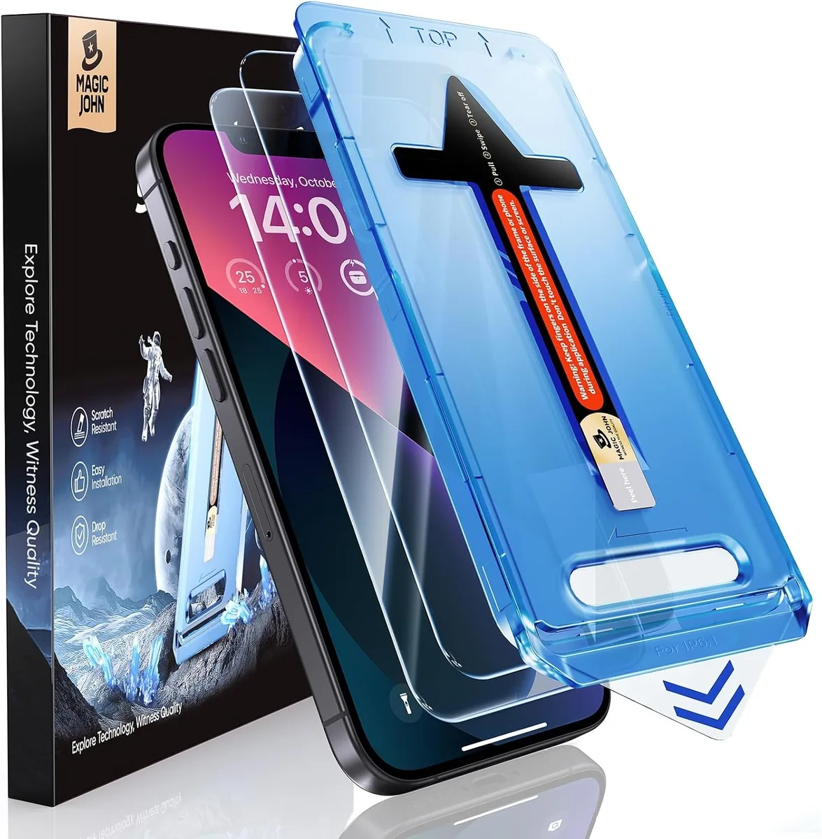 Two clear tempered glass screen protectors with auto dust-elimination frames for iPhone 13 14 13 Pro 6.1 inch