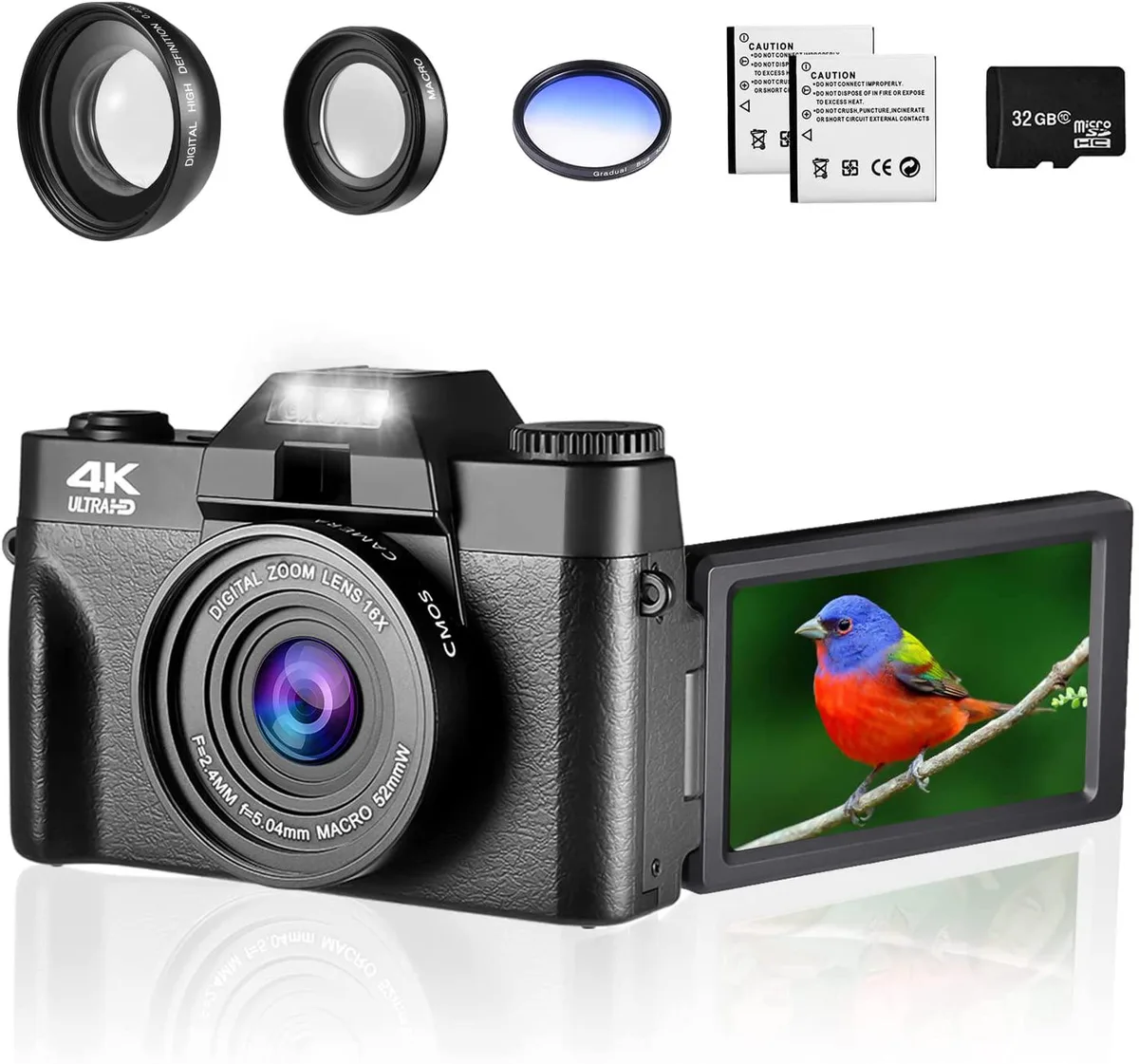 BOYIFZ BOYIFZ 4K 48MP Shoot Camera 180° Flip 16X Zoom 32GB 2 Batteries Black — product photo