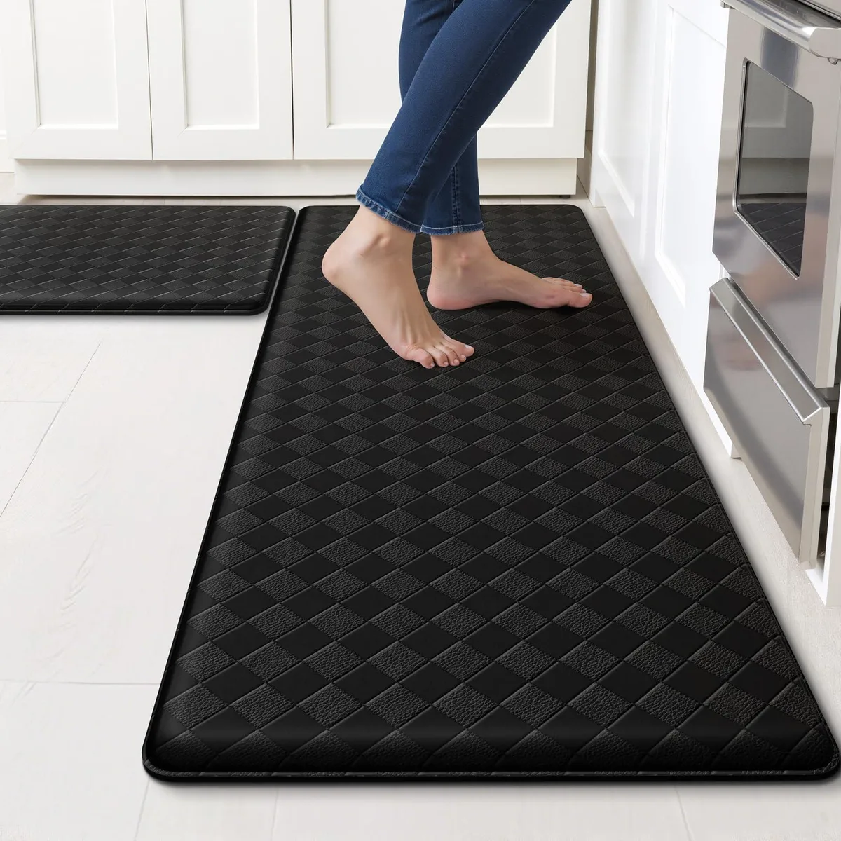 Two beige rectangular runner rugs, 17.3 by 30 and 17.3 by 47 inches, low-profile polyester with slip-resistant backing