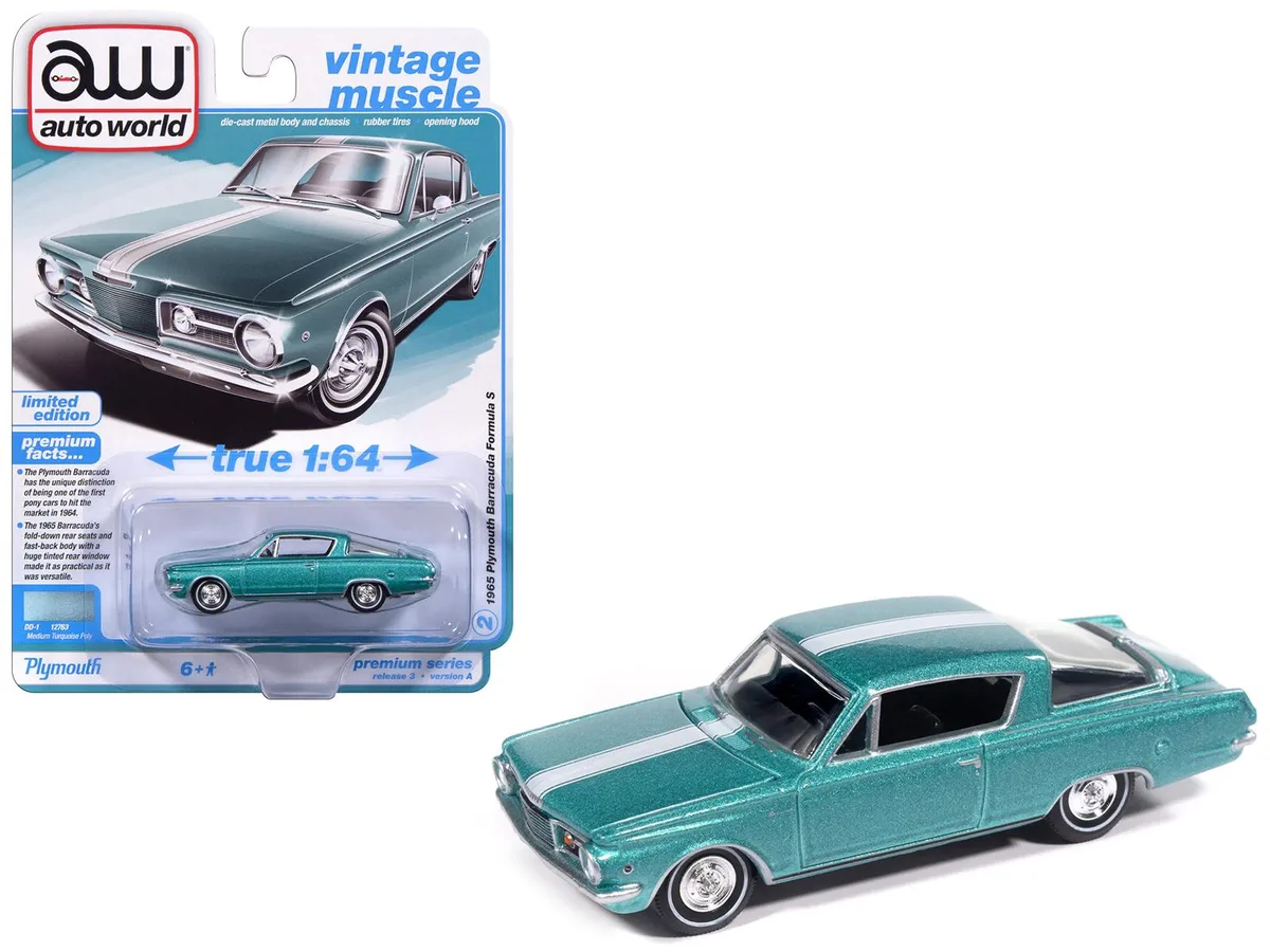 auto world Auto World 1965 Plymouth Barracuda Formula S Turquoise Metallic White Stripe 1/64 hobby collectible — product photo