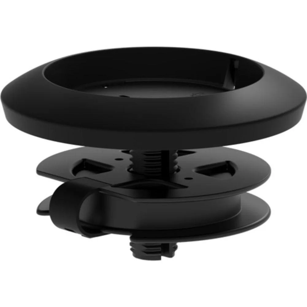Black circular table mount for Rally Mic Pod, low-profile design with cable routing underneath