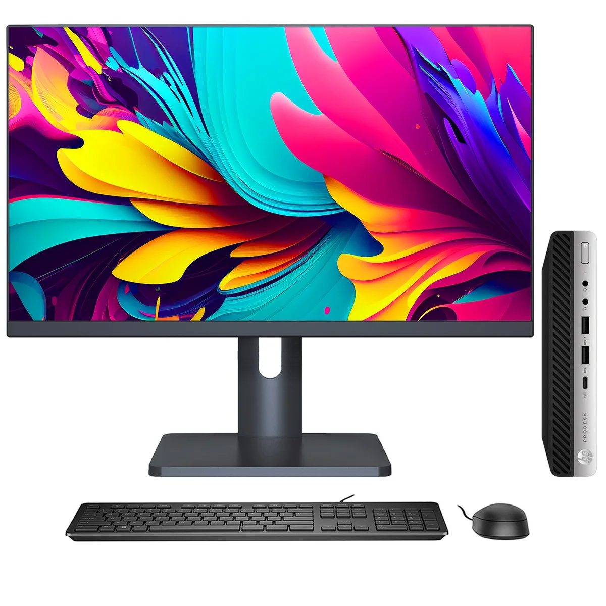 HP HP ProDesk 600 G4 Tiny i5-8500T 8GB 1TB SSD 27" monitor — product photo