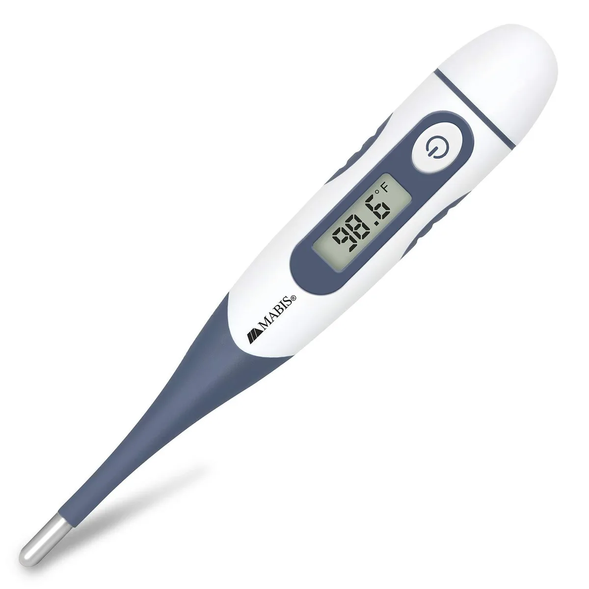 Blue digital thermometer with flexible tip and LCD display