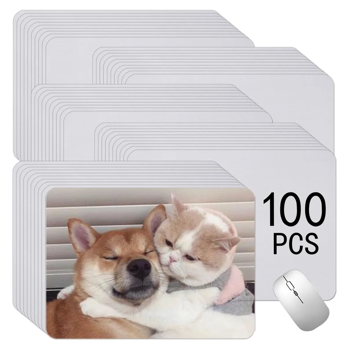Stack of one hundred white rectangular mouse pads with rubber bases, each 24 by 20 by 0.2 cm