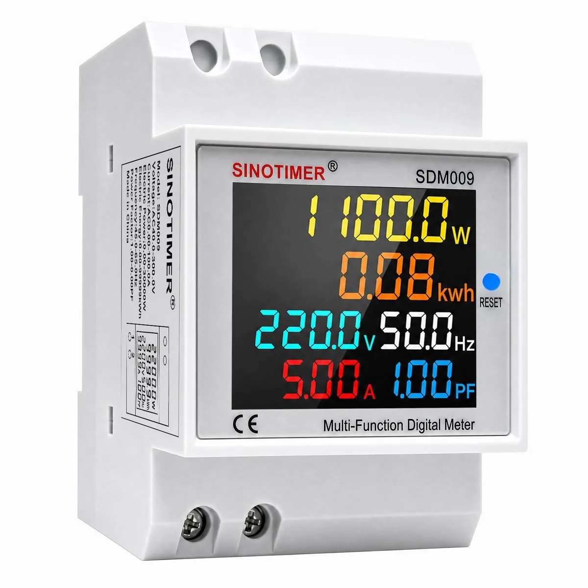 Compact DIN-rail energy meter with colour LCD display and reset button