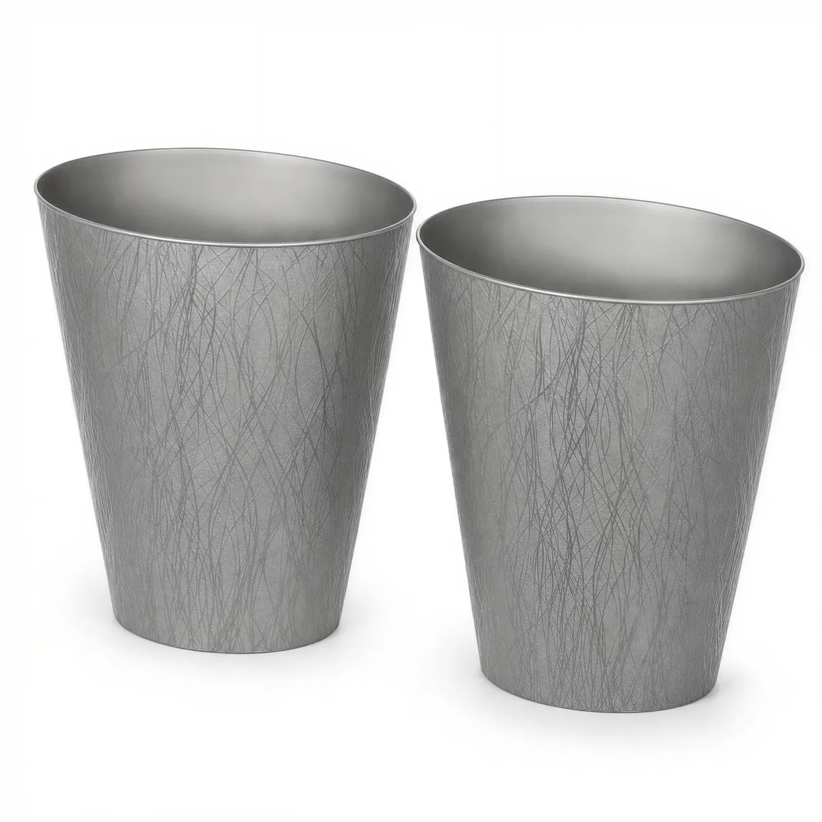Twelve silver plastic waste baskets, open top, rectangular, 11.75 by 8.12 by 8.12 inches