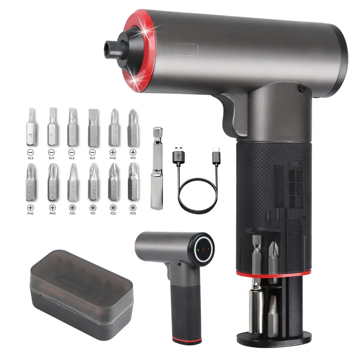 Compact cordless screwdriver with rubber grip, triple LED lights, magnetic bit storage and 12 bits