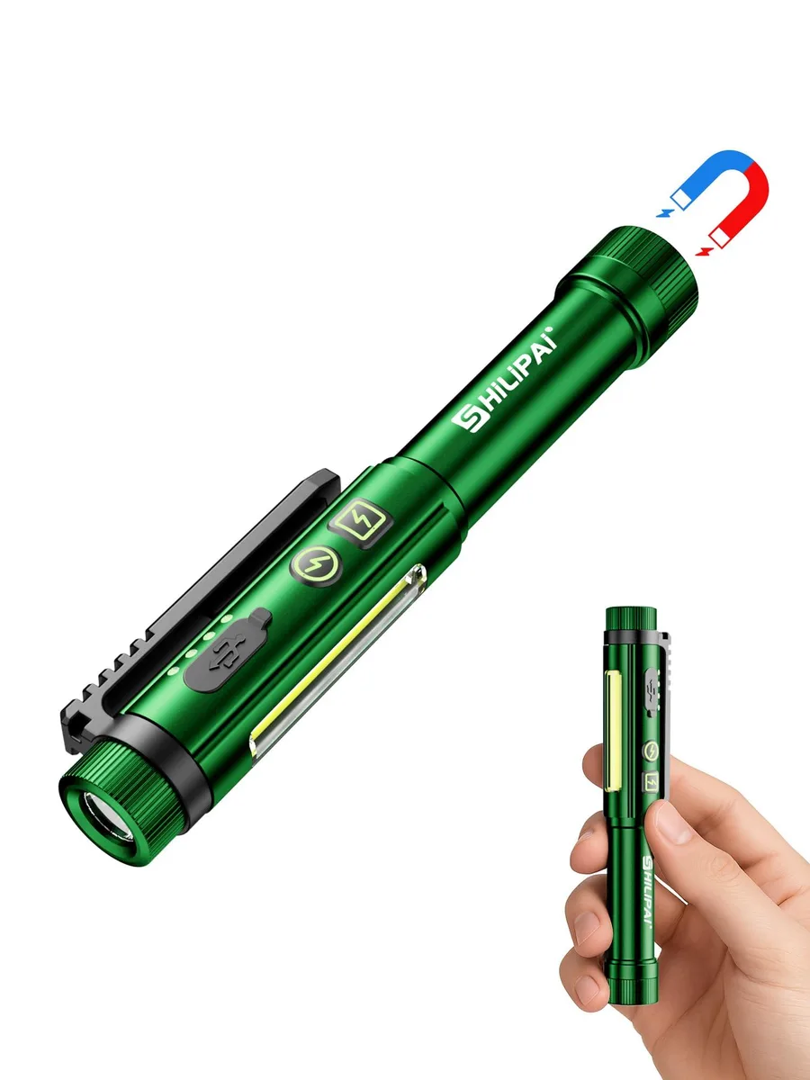 Army-green penlight with magnetic clip, 13.6 cm long