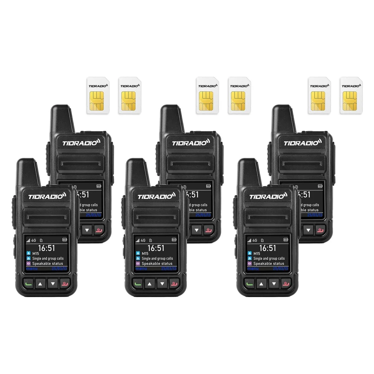 Six black walkie-talkie handsets in a row