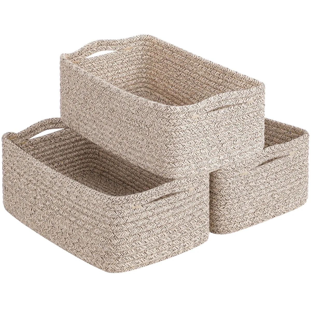 Three rectangular cotton rope baskets with side handles, folded flat, neutral tones