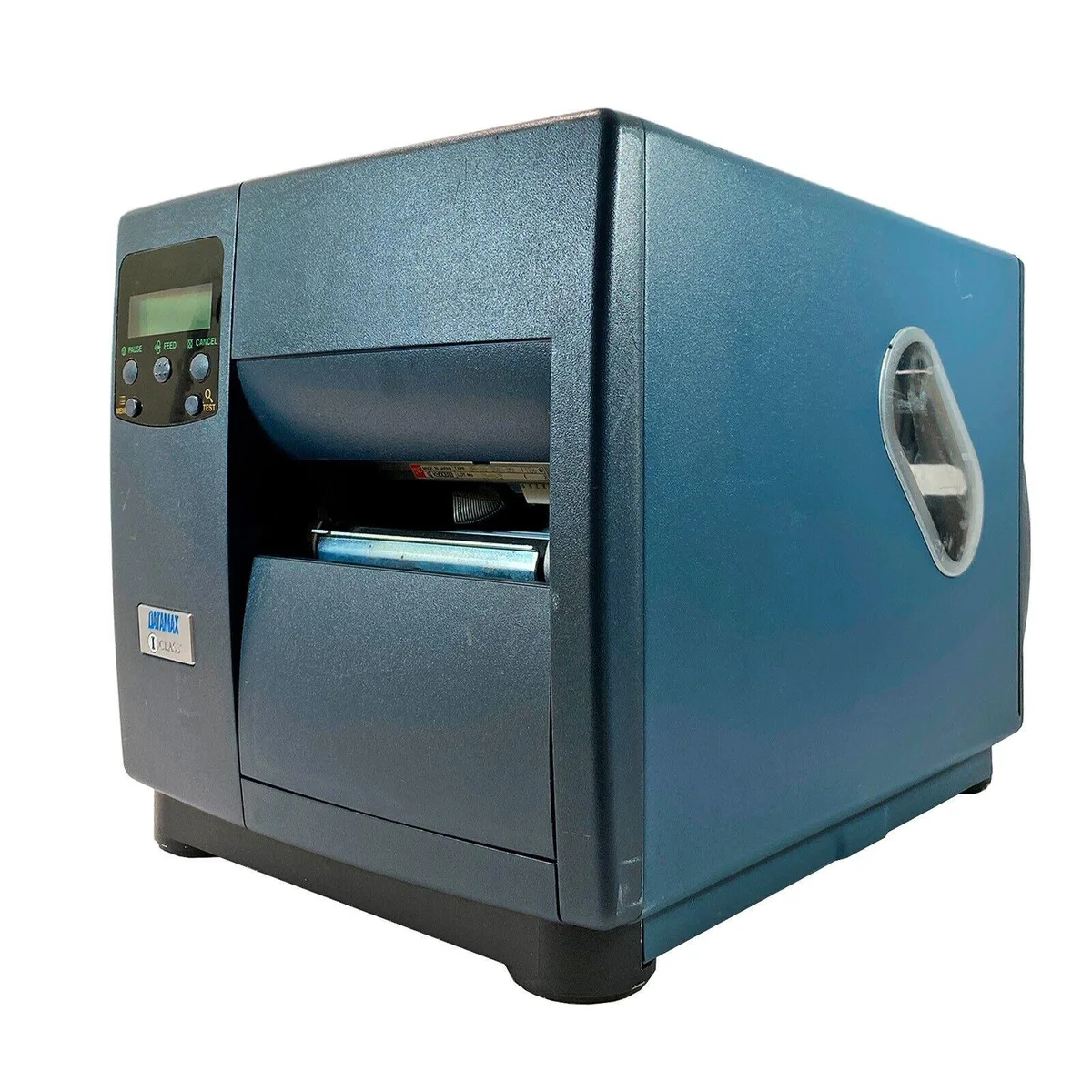 Datamax DMX-I-4308 industrial barcode printer grey box shape with label roll visible