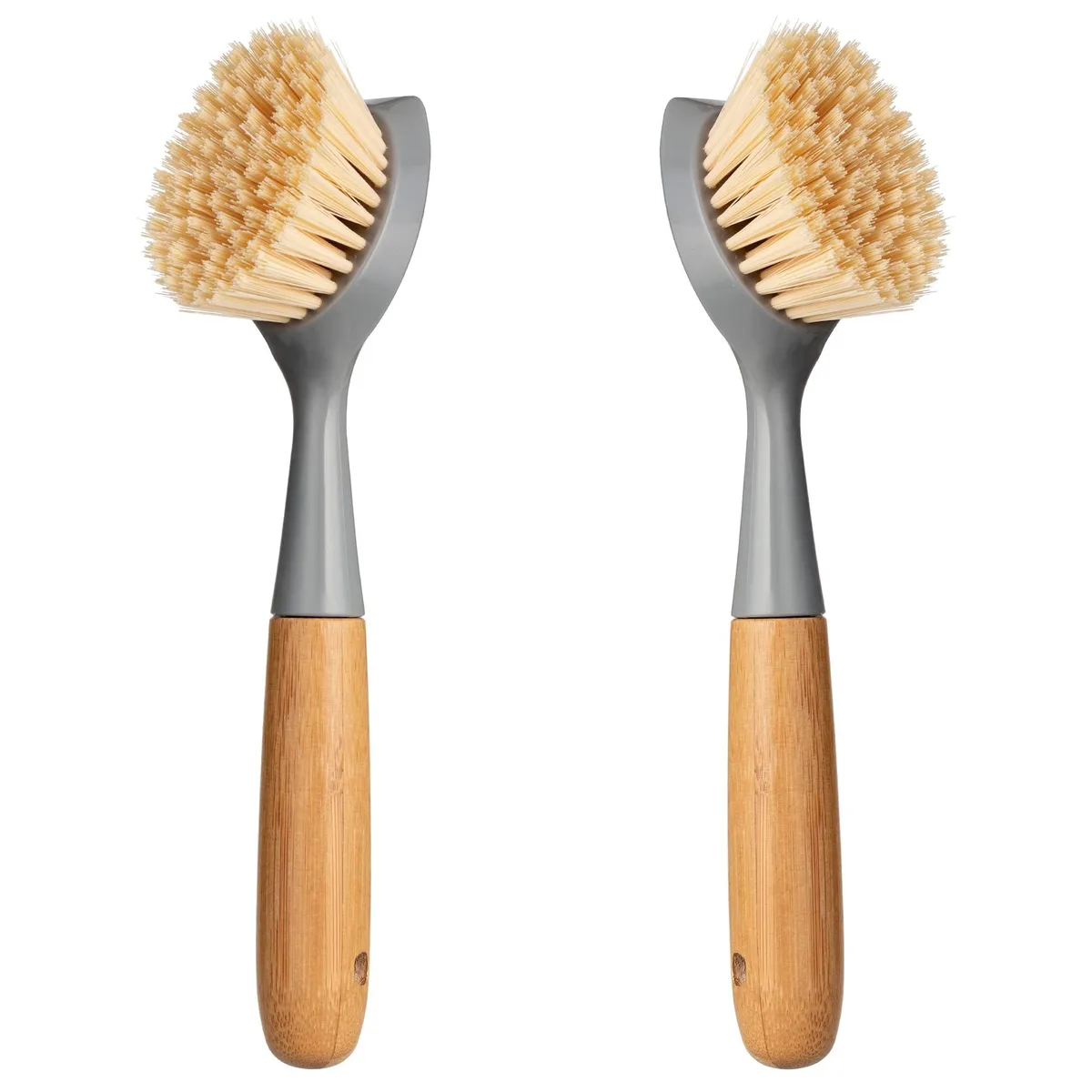 Two grey bamboo-handled dish brushes with built-in scrapers and hanging loops