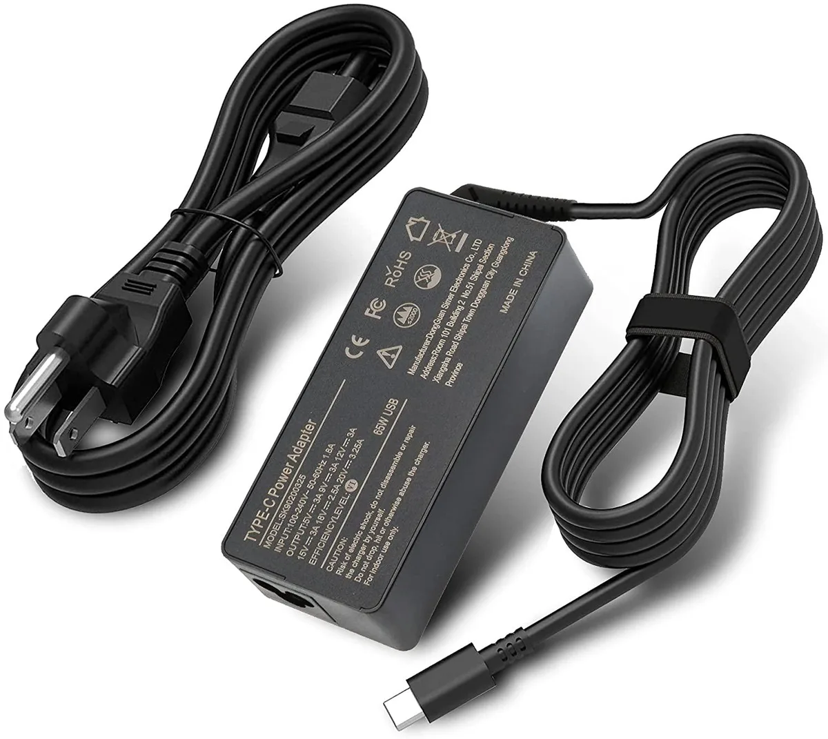 Compact black USB-C laptop charger with detachable power cord