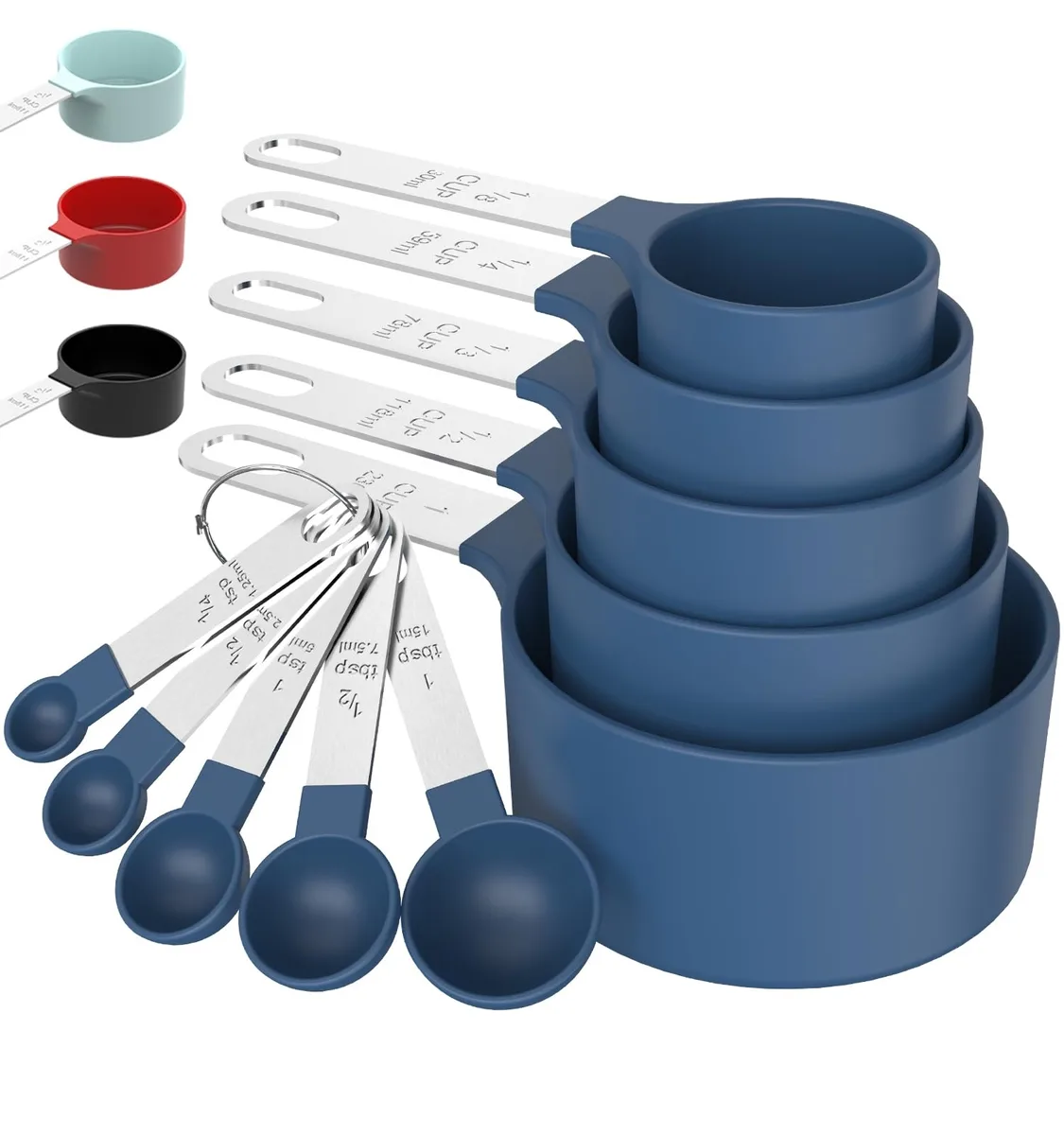 Stackable stainless steel and plastic measuring cups and spoons, ten pieces, multiple sizes, engraved markings