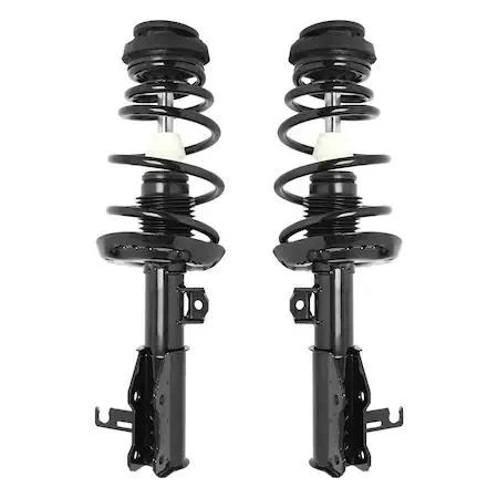 Two silver front strut assemblies with coil springs and mounts