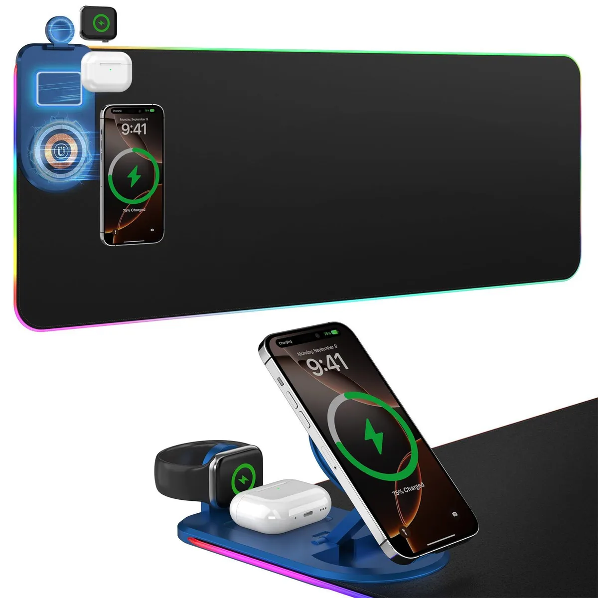  besky Wireless Charging RGB Gaming Mouse Pad with Foldable Phone Holder Black — product photo