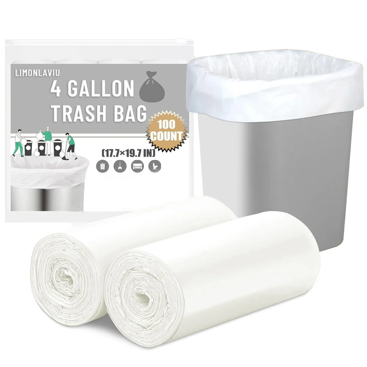  LimonLaviu WL100 4 Gallon Garbage Bags 100 Count White 12 Mic 17.7 x 19.6 — product photo