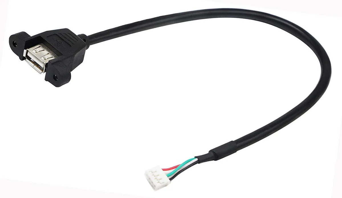 Black panel-mount USB 2.0 Type-A female socket wired to a 4-pin Dupont header on a 30 cm cable