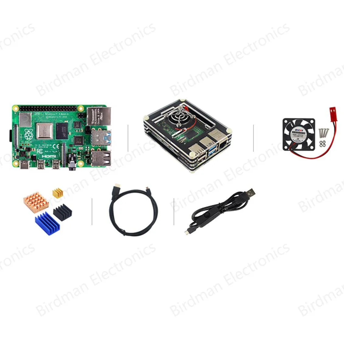 Raspberry Pi 4B board in 9-layer acrylic case with heatsink fan and copper plus three aluminum heat sinks
