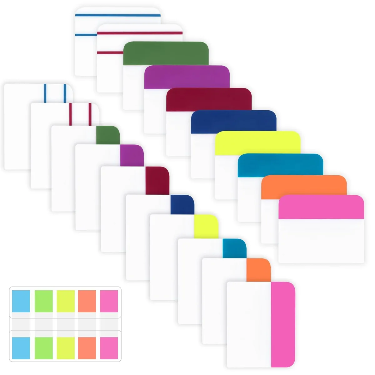 Pack of 500 multicolour sticky index tabs in 21 sets, 2 inch and 0.5 inch sizes, square PET film with transparent adhesive strip
