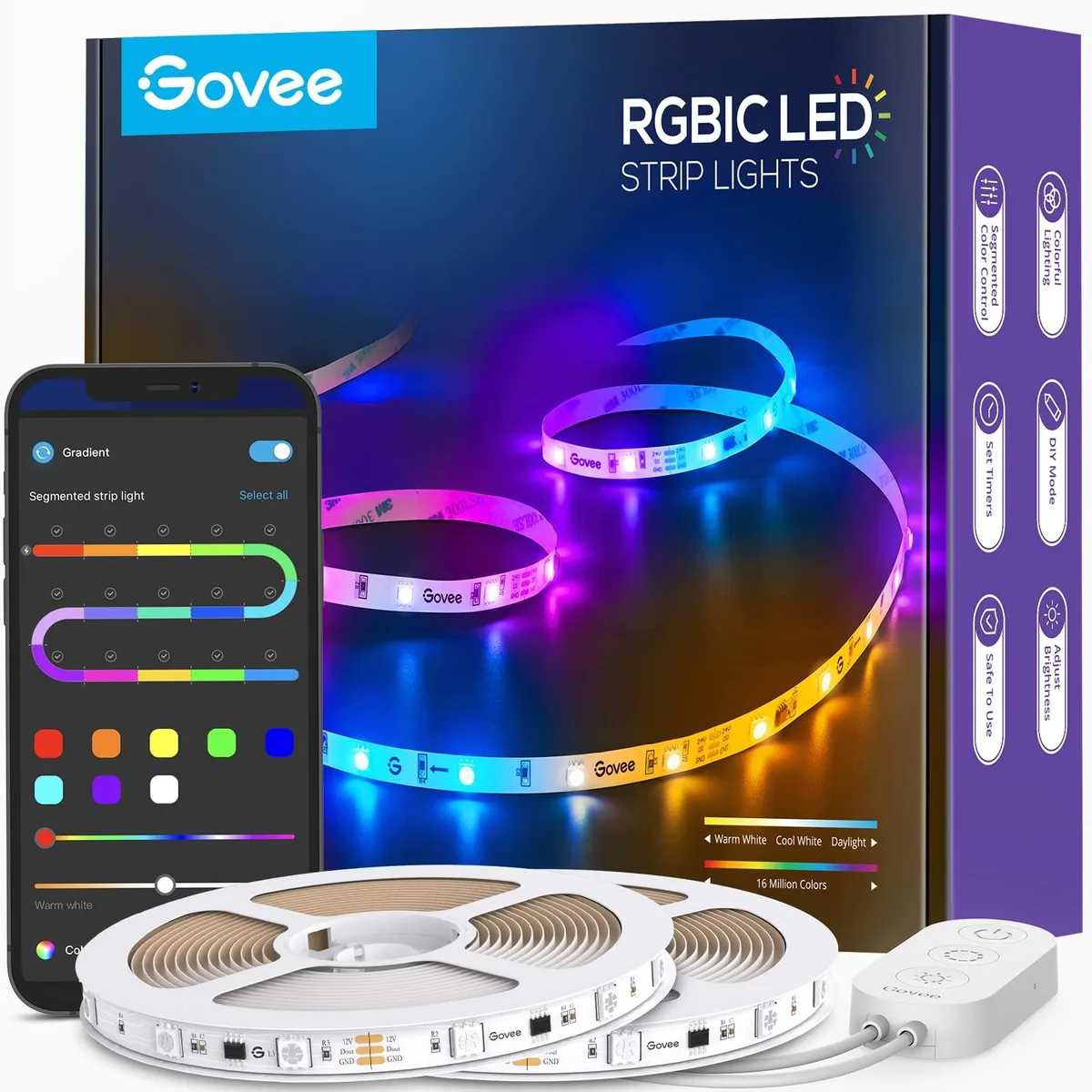 Two white LED strip reels with clear prismatic coating, totalling 65.6ft, plus power adapter and clips