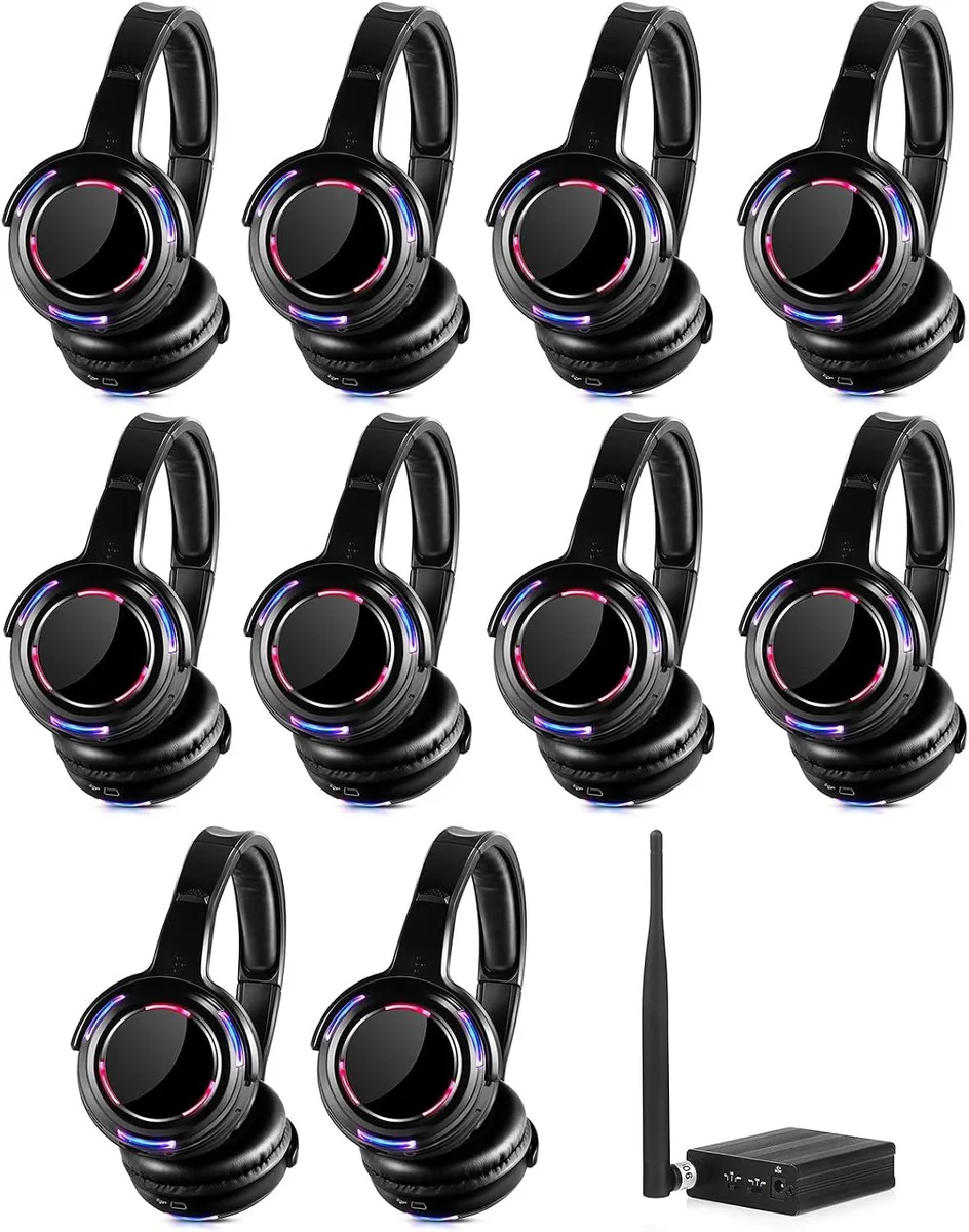 Ten wireless LED headphones with transmitter, pulsing lights, over-ear design