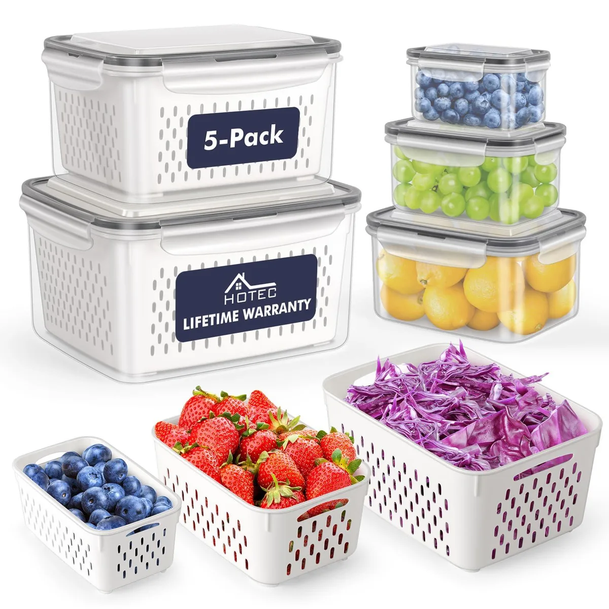 Five transparent rectangular containers with lids and a colander insert nested together