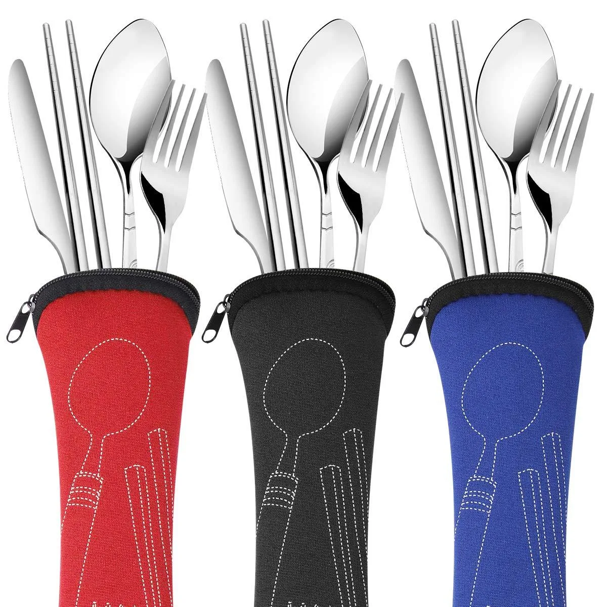 Three stainless steel cutlery sets in silver cases, twelve pieces total