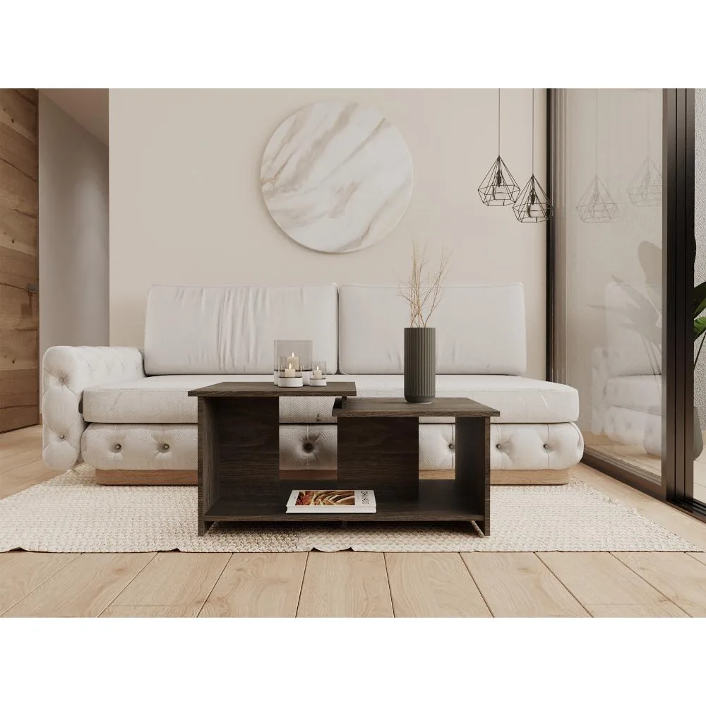 Black rectangular coffee table with open lower shelf, particle board construction