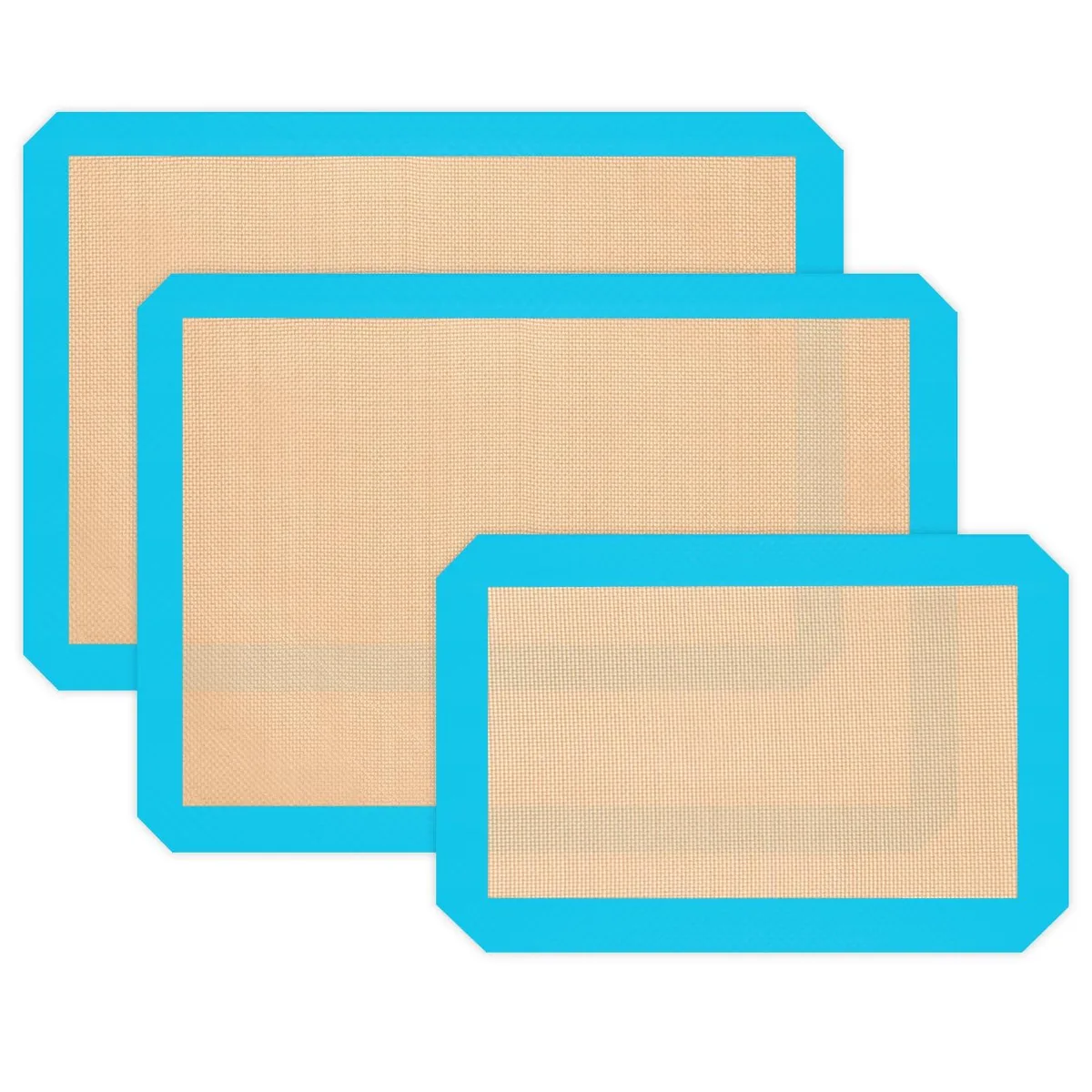 Three dark blue silicone mats, two large rectangles and one smaller rectangle, smooth matte finish