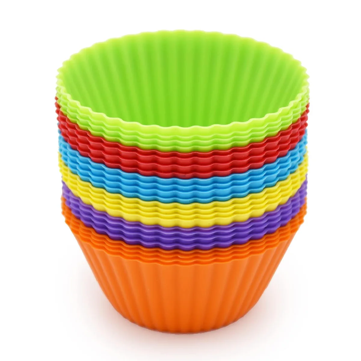 Twenty-four flexible silicone baking cups in six bright colours, each about two and three-quarter inches wide