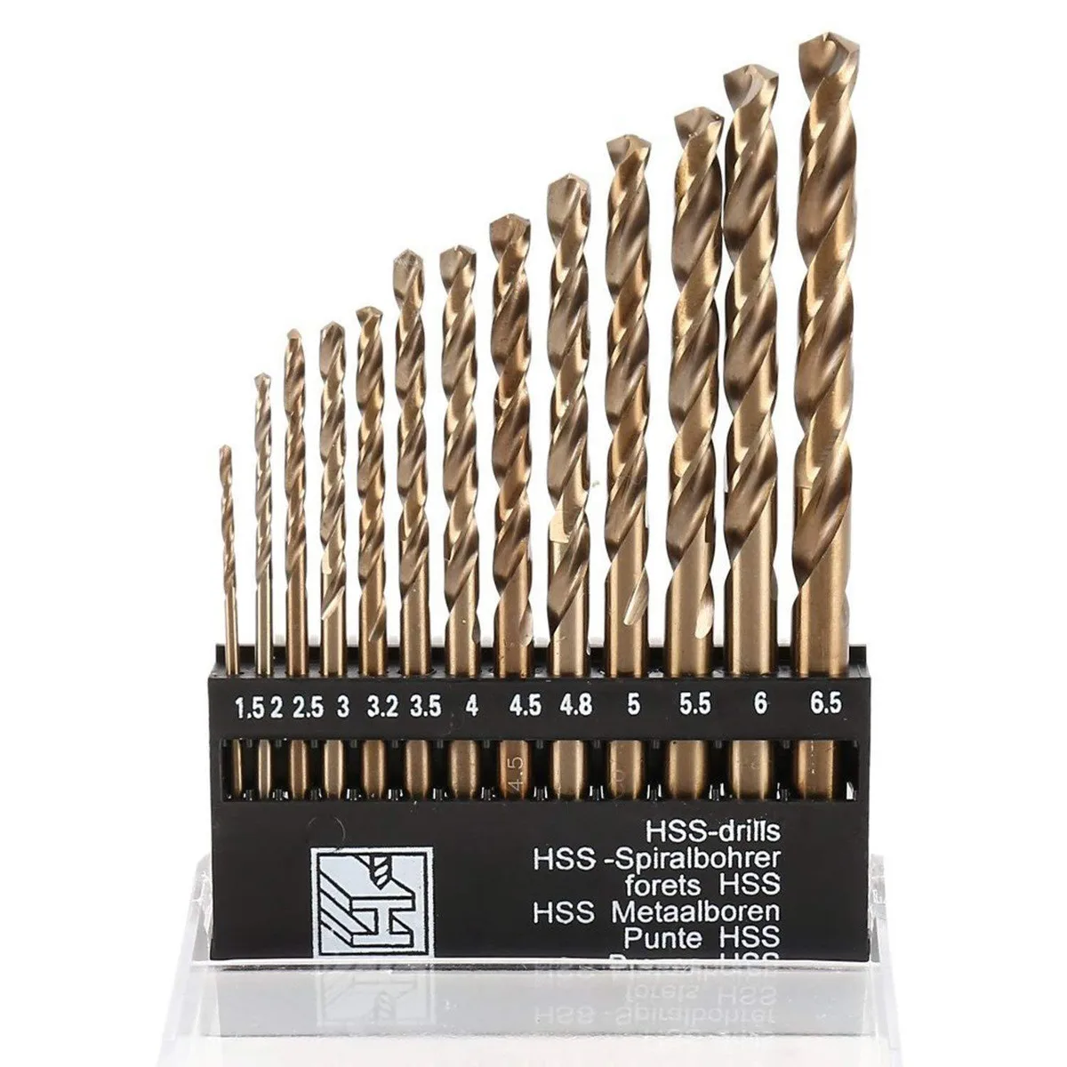 Thirteen cobalt drill bits in metal case, sizes 1.5mm to 6.5mm