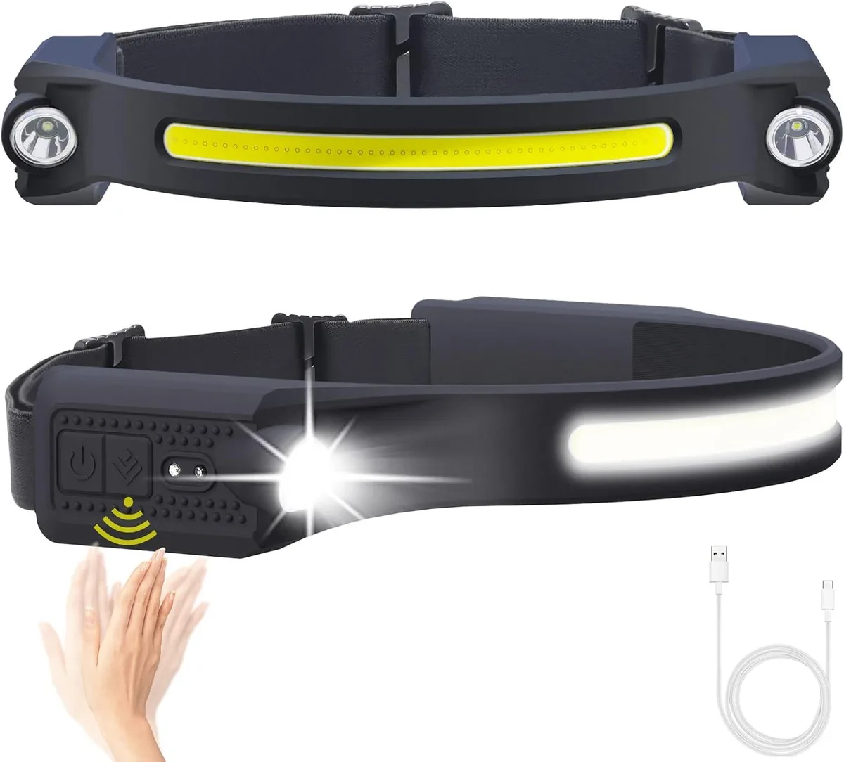Two black rechargeable headlamps with wide COB panel and side XPE spotlights, elastic headbands visible