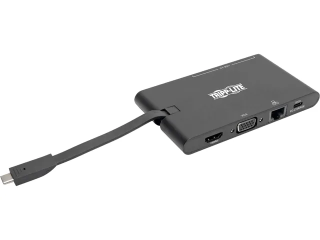 Black rectangular Thunderbolt 3 dock with HDMI, VGA, Ethernet, USB and card slots