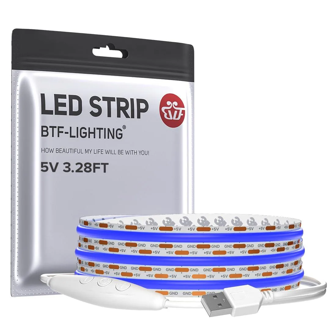  BTF-LIGHTING 5V Blue COB LED Strip 3.28FT 320LEDs/m 8mm IP30 — product photo