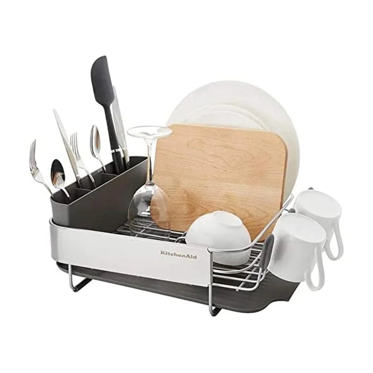 Red two-tier plastic dish rack with angled drain board and removable flatware caddy, 34 inches