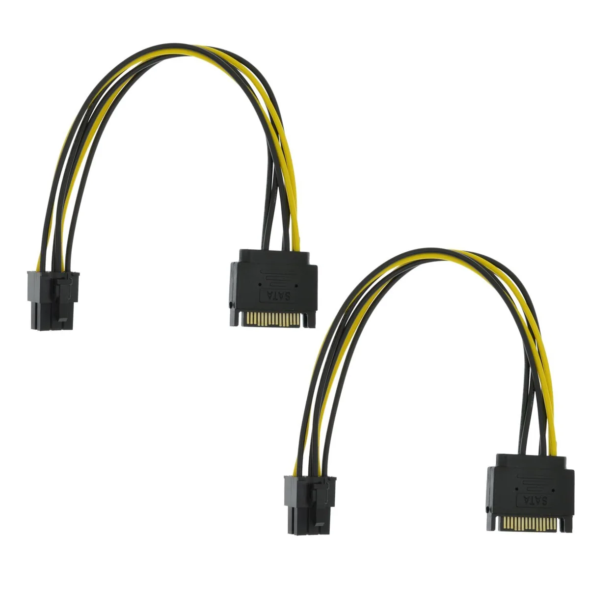 Two short SATA 15 pin to 6 pin power cables, black connectors, 22 cm length