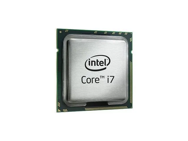 A square green printed circuit board with gold contacts and a silver metal heat spreader marked Intel Core i7-7700