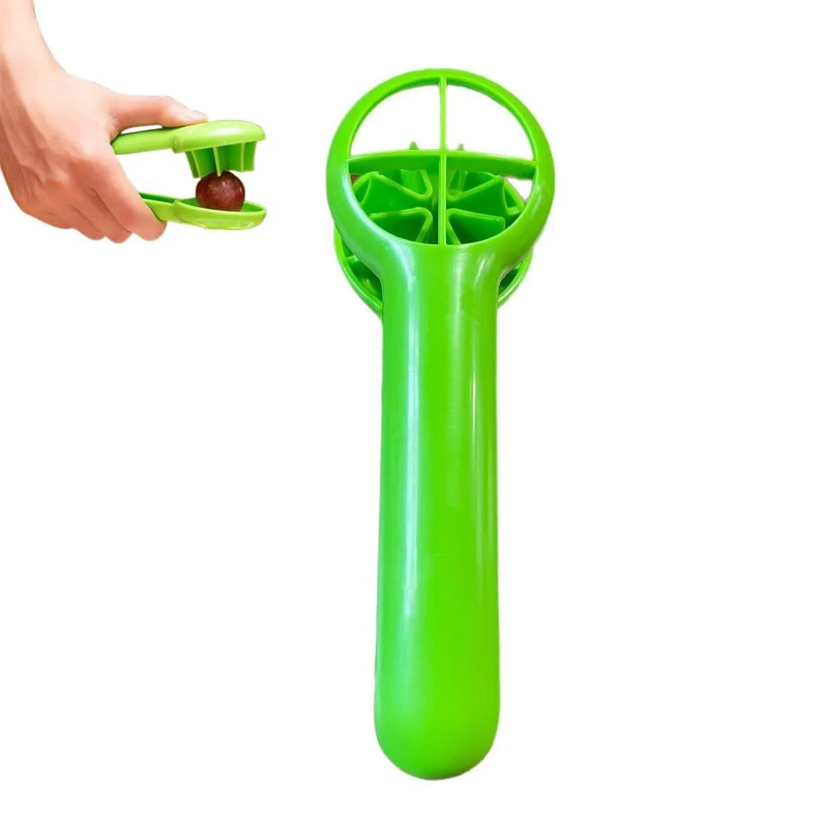 Green plastic handheld grape and tomato slicer with long ergonomic handle