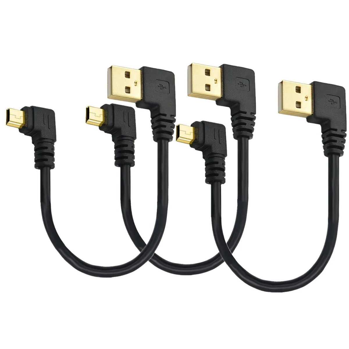 Three short right-angle Mini USB cables, black, 15 cm each
